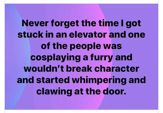 cringeworthy pics - angle - Never forget the time I got stuck in an elevator and one of the people was cosplaying a furry and wouldn't break character and started whimpering and clawing at the door.