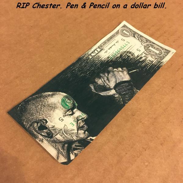 dollar bill - Rip Chester. Pen & Pencil on a dollar bill. 5 om S No Savival 199964SLLE 35696