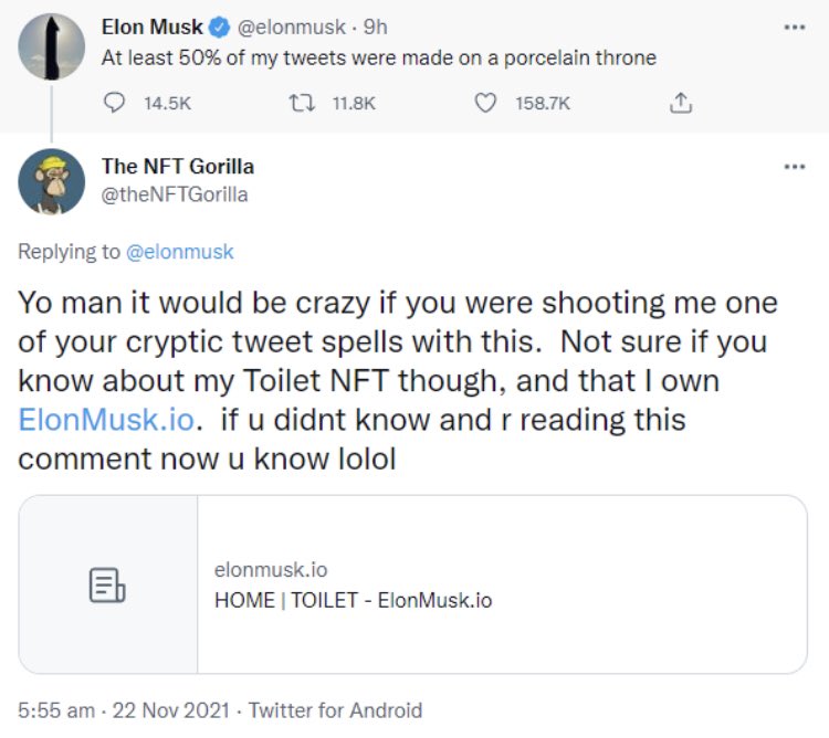 Crypto Bros Posting L's - web page - . Elon Musk . 9h . At least 50% of my tweets were made on a porcelain throne 12 1 . The Nft Gorilla Yo man it would be crazy if you were shooting me one of your cryptic tweet spells with this. Not sure if you know abou