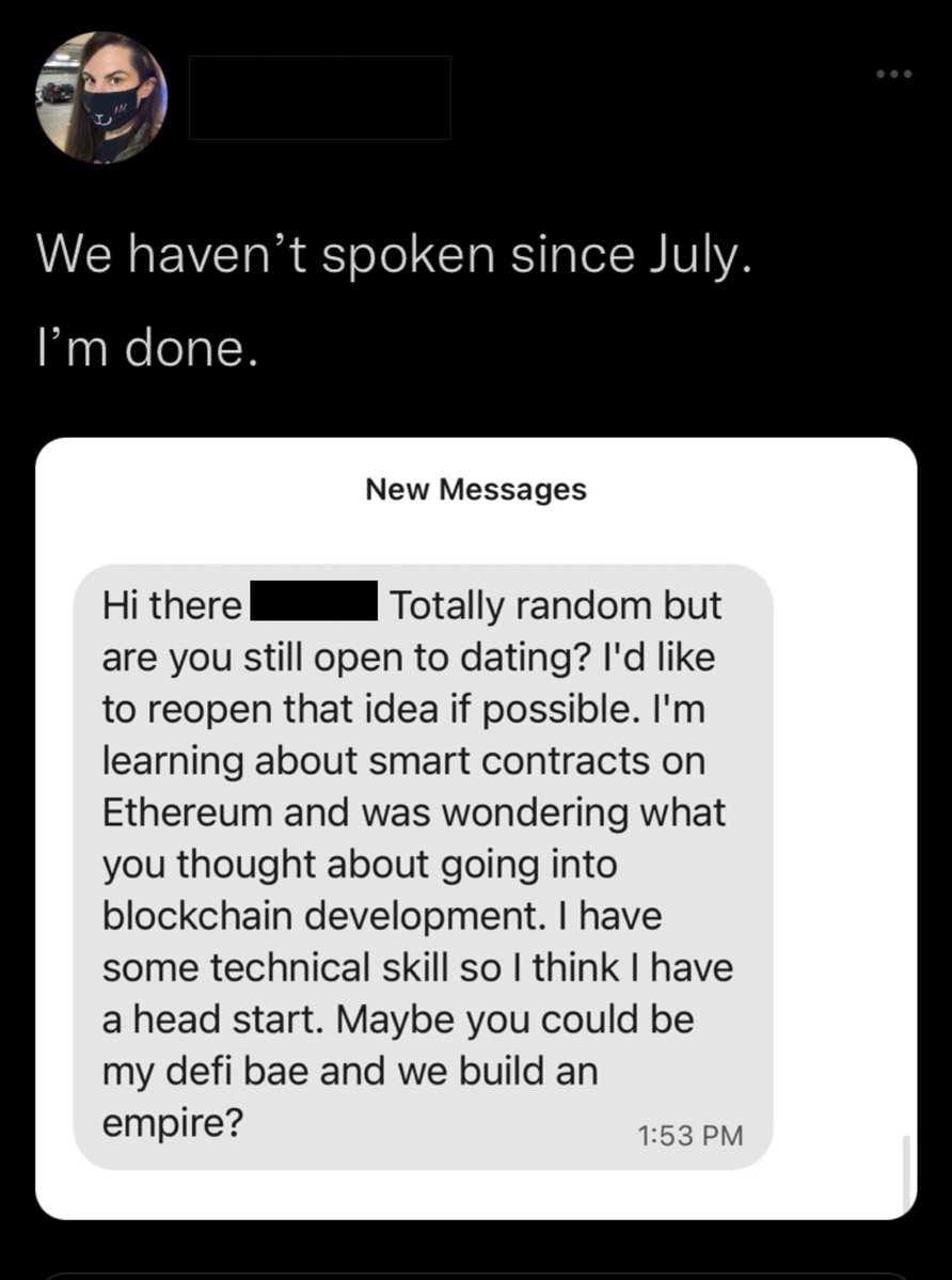 Crypto Bros Posting L's - media - We haven't spoken since July. I'm done. New Messages Hi there Totally random but are you still open to dating? I'd to reopen that idea if possible. I'm learning about smart contracts on Ethereum and was wondering what you