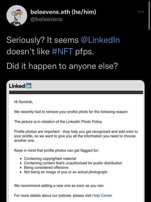 Crypto Bros Posting L's - beleevens.eth hehim Seriously? It seems doesn't pfps. Did it happen to anyone else? Linked in Hi Dominik We recently had to remove your profile photo for the ing reason The picture is in violation of the LinkedIn Photo Policy. Pr