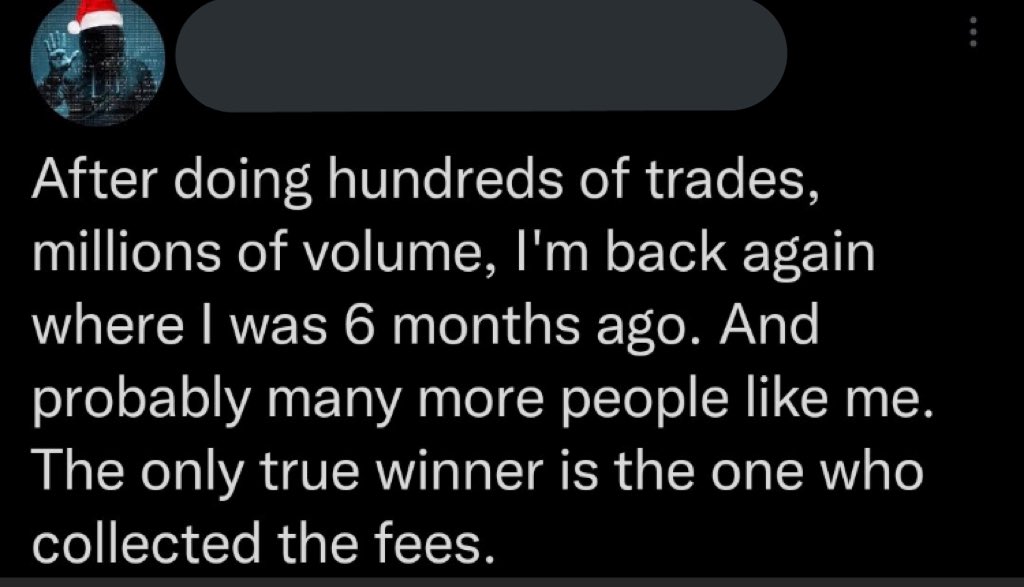 Crypto Bros Posting L's - lyrics - After doing hundreds of trades, millions of volume, I'm back again where I was 6 months ago. And probably many more people me. The only true winner is the one who collected the fees.