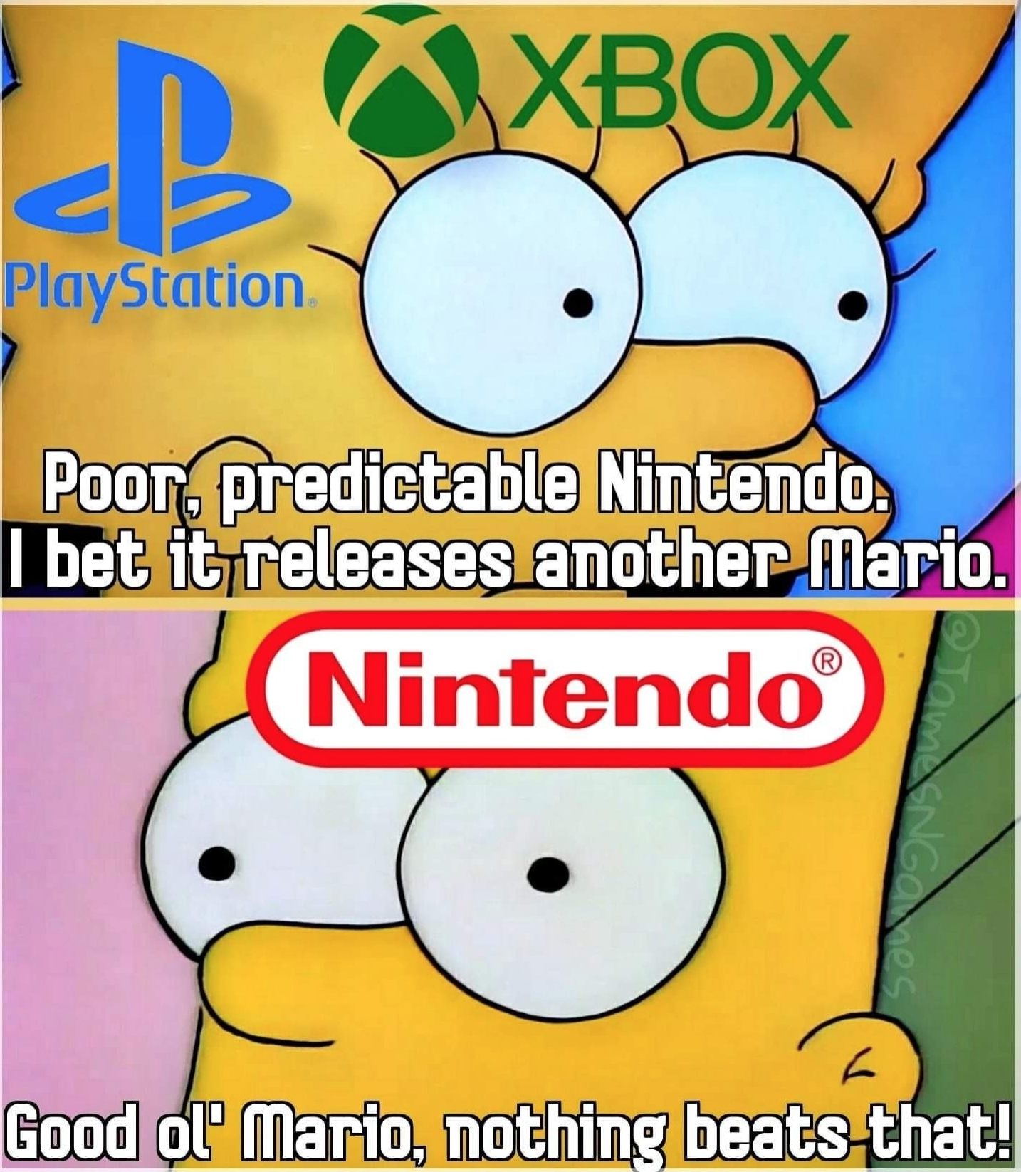 funny gaming memes - nintendo apple - B. Xbox PlayStation Poor predictable Nintendo I bet it releases another Mario. Nintendo Good ol' Mario, nothing beats that!