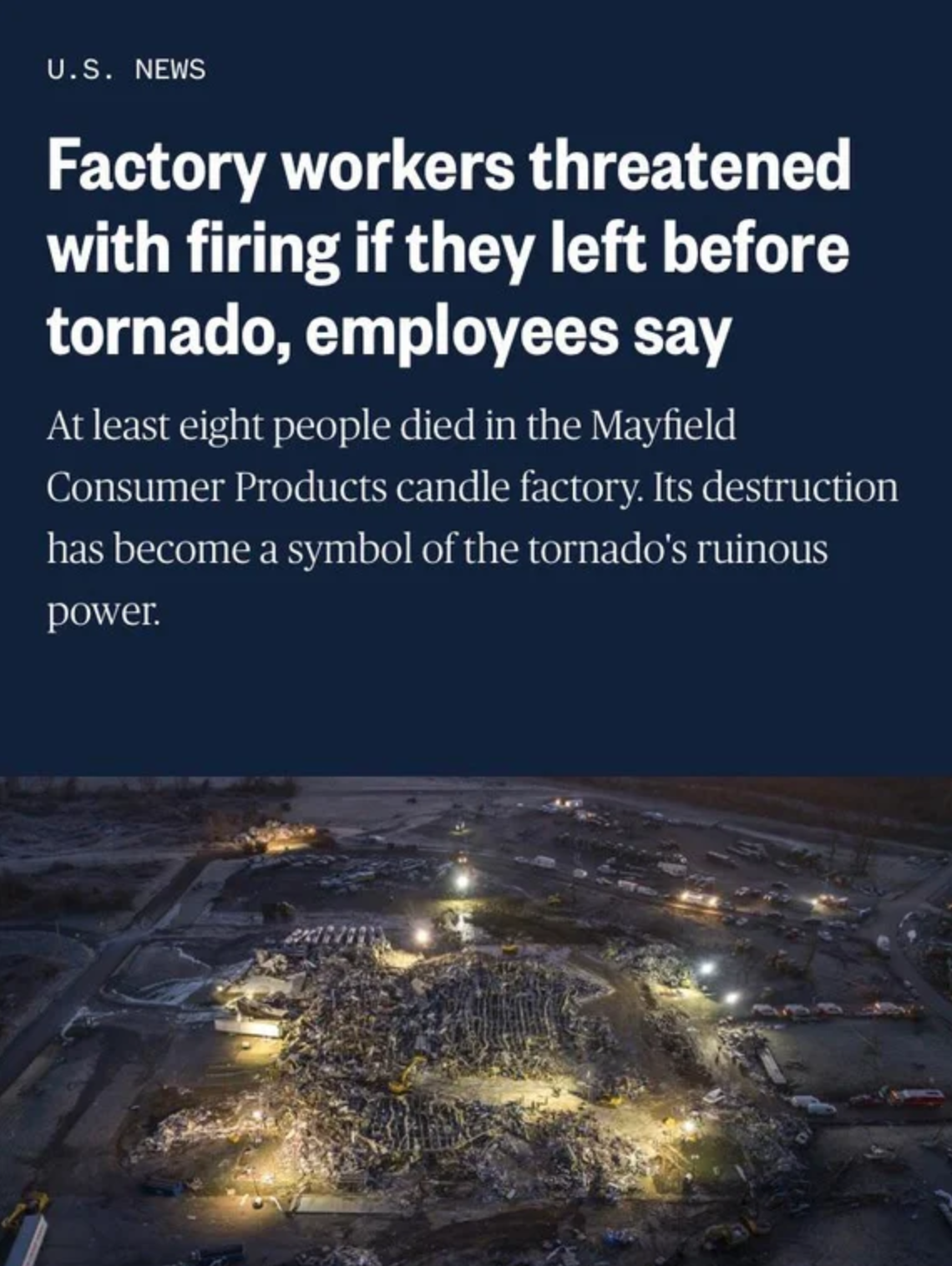 dystopian society things - U.S. News Factory workers threatened with firing if they left before tornado, employees say At least eight people died in the Mayfield Consumer Products candle factory. Its destruction has become a symbol of the tornado's ruinou
