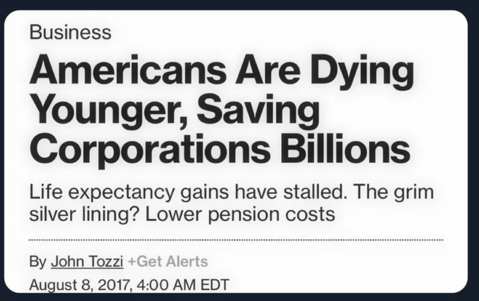 dystopian society things - american heart association - Business Americans Are Dying Younger, Saving Corporations Billions Life expectancy gains have stalled. The grim silver lining? Lower pension costs By John Tozzi Get Alerts , Edt