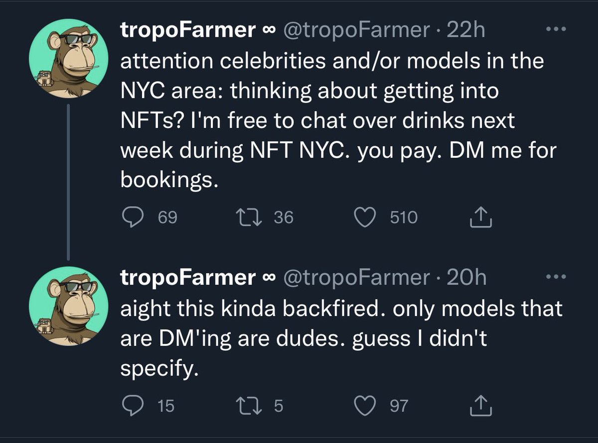 wtf tweets - Non-fungible token - 90 OtropoFarmer 22h attention celebrities andor models in the Nyc area thinking about getting into NFTs? I'm free to chat over drinks next week during Net Nyc. you pay. Dm me for bookings. 69 27 36 510 . tropoFarmer oo 20