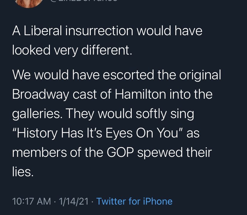 wtf tweets - A Liberal insurrection would have looked very different. We would have escorted the original Broadway cast of Hamilton into the galleries. They would softly sing "History Has It's Eyes On You" as members of the Gop spewed their lies. 11421 Tw