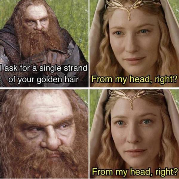 dirty memes - lord of the rings - a Task for a single strand of your golden hair From my head, right? From my head, right?