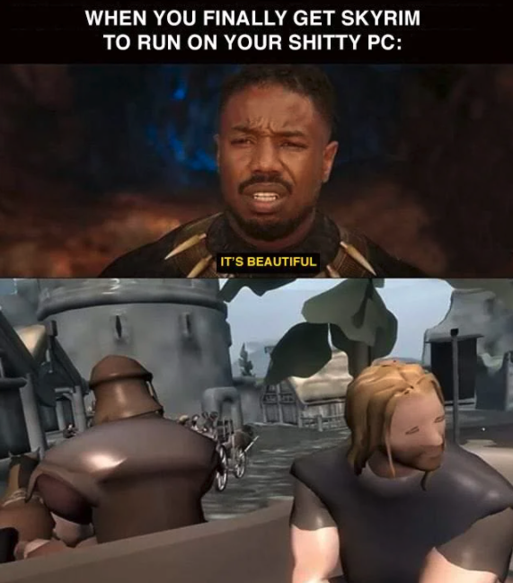 funny gaming memes - skyrim remastered meme - When You Finally Get Skyrim To Run On Your Shitty Pc It'S Beautiful