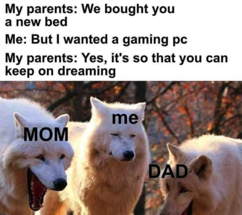 funny gaming memes - we bought you a new bed meme - My parents We bought you a new bed Me But I wanted a gaming pc My parents Yes, it's so that you can keep on dreaming me Mom Dad