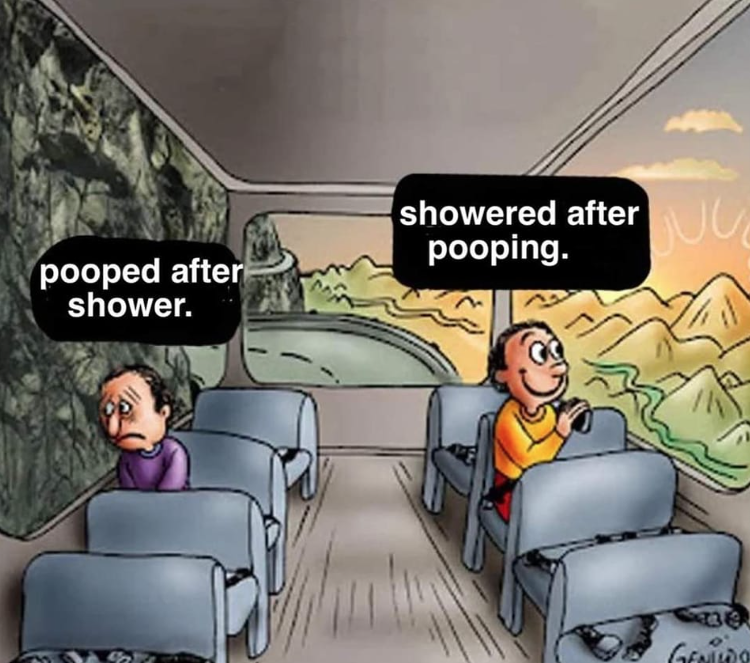 funny gaming memes - two guys on a bus meme covid - showered after pooping. pooped after shower. Gen