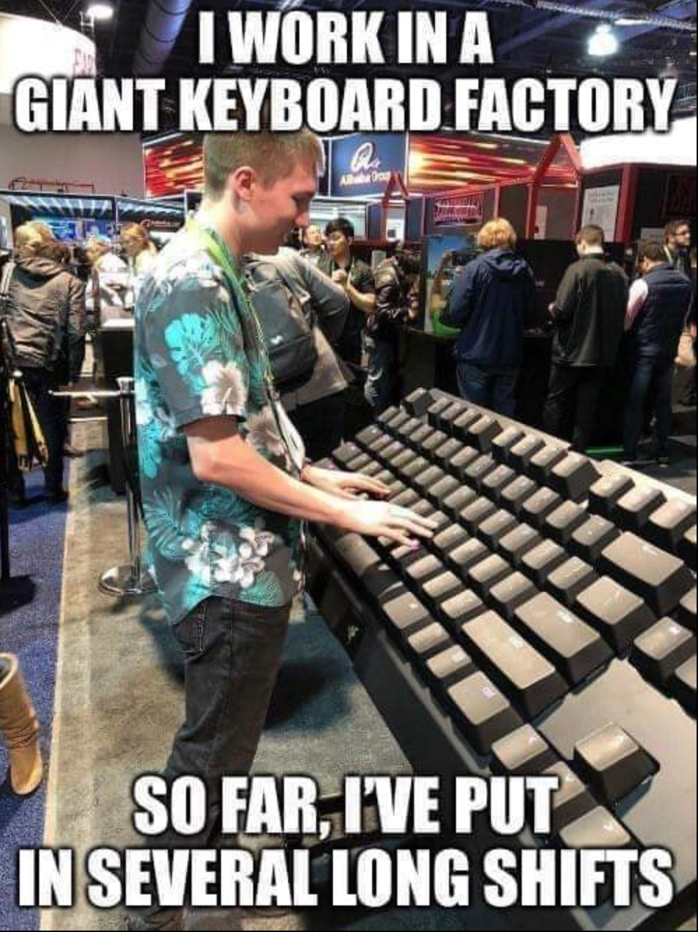 funny gaming memes - giant keyboard - I Work In A Giant Keyboard Factory Re So Far, I'Ve Put In Several Long Shifts