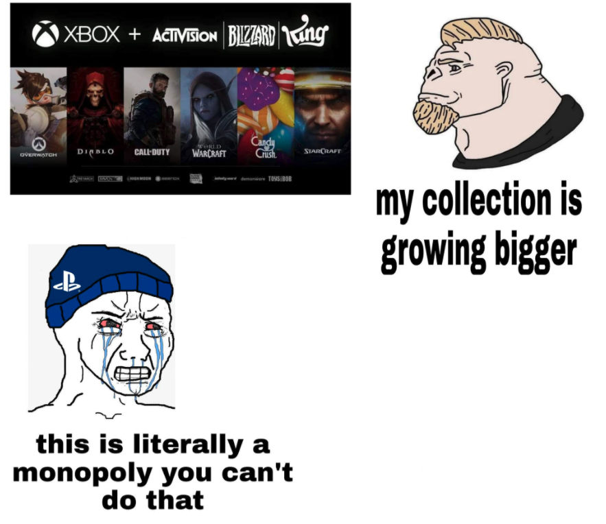funny gaming memes - cartoon - Xbox Activision Bizzard Wing Candy WeRLD Overwatch Diablo CallDuty Warcraft Crush Starcraft y demontare Toys Bob my collection is growing bigger B. this is literally a monopoly you can't do that