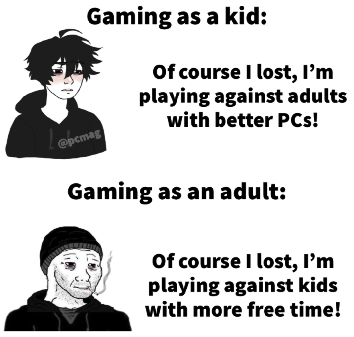 funny gaming memes - cartoon - Gaming as a kid Of course I lost, I'm playing against adults with better PCs! Gaming as an adult Of course I lost, I'm playing against kids with more free time!