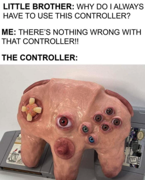 funny gaming memes - flesh n64 controller - Little Brother Why Do I Always Have To Use This Controller? Me There'S Nothing Wrong With That Controller!! The Controller Je An E