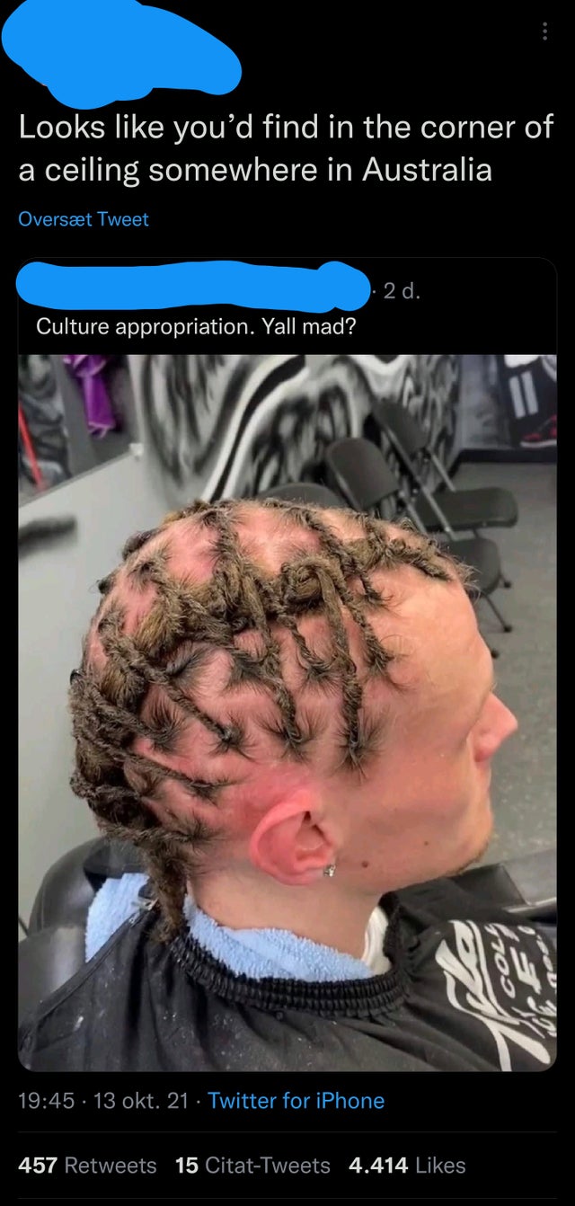 hilarious internet responses and comments - head - Looks you'd find in the corner of a ceiling somewhere in Australia Overst Tweet . 2 d. Culture appropriation. Yall mad? va Cou Od We 13 okt. 21 Twitter for iPhone 457 15 CitatTweets 4.414