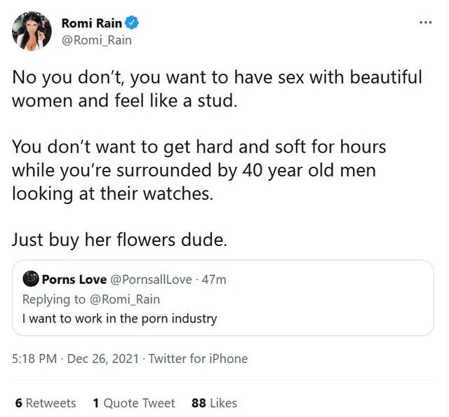 hilarious internet responses and comments - document - ... Romi Rain @ Romi Rain No you don't, you want to have sex with beautiful women and feel a stud. a . You don't want to get hard and soft for hours while you're surrounded by 40 year old men looking 