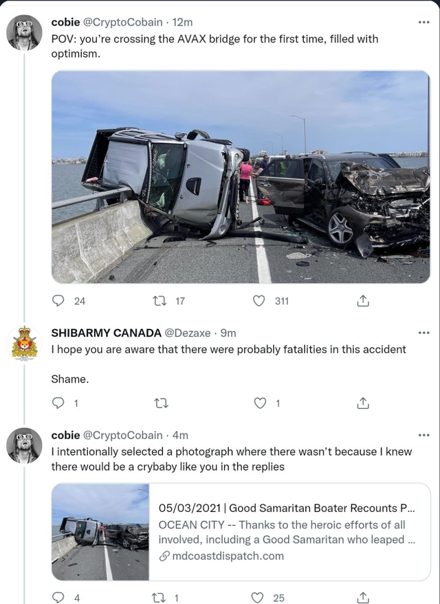hilarious internet responses and comments - car - cobie 12m Pov you're crossing the Avax bridge for the first time. filled with optimism. 24 17 17 311 Shibarmy Canada 9m I hope you are aware that there were probably fatalities in this accident Shame. 01 1