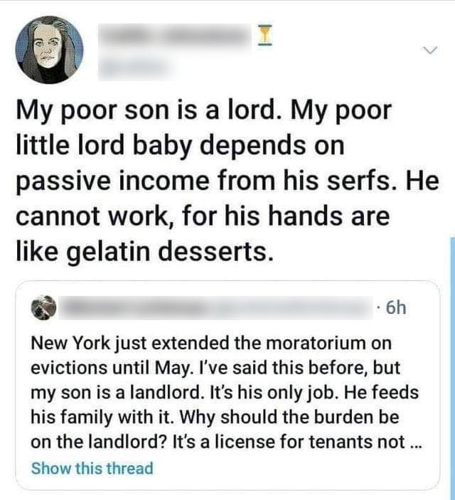 hilarious internet responses and comments - my poor landlord - My poor son is a lord. My poor little lord baby depends on passive income from his serfs. He cannot work, for his hands are gelatin desserts. 6h New York just extended the moratorium on evicti