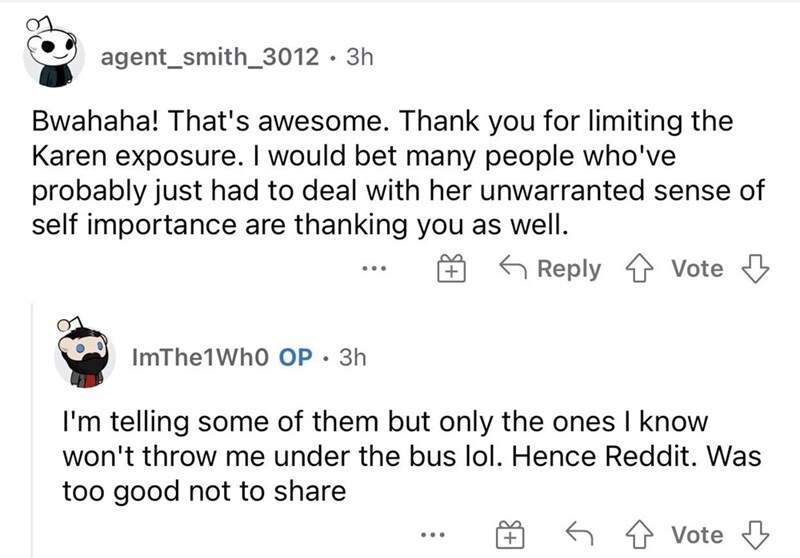 entitled people - angle - agent_smith_3012 3h Bwahaha! That's awesome. Thank you for limiting the Karen exposure. I would bet many people who've probably just had to deal with her unwarranted sense of self importance are thanking you as well. s f Vote ImT