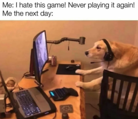 funny gaming memes - gamer dog - Me I hate this game! Never playing it again! Me the next day