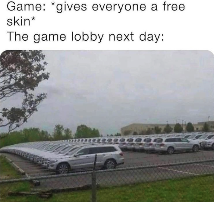 funny gaming memes - glitch in the matrix memes - Game gives everyone a free skin The game lobby next day