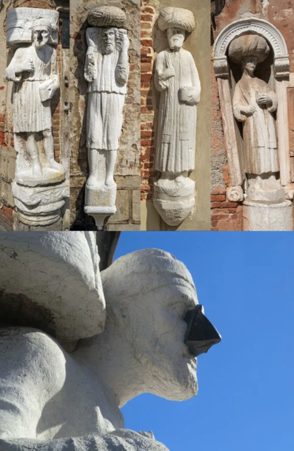 fascinating artifacts - 4 statues in Venice, made in the 1300s, representing 3 Greek brothers, who came to Venice in 1112 as merchants, and their slave. In the 1800s, one of the statues lost its nose and was replaced with a piece of iron. From that time o