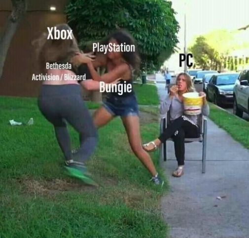 funny gaming memes - fighting meme template - Xbox PlayStation Pch Bethesda Activision Blizzard Bungie