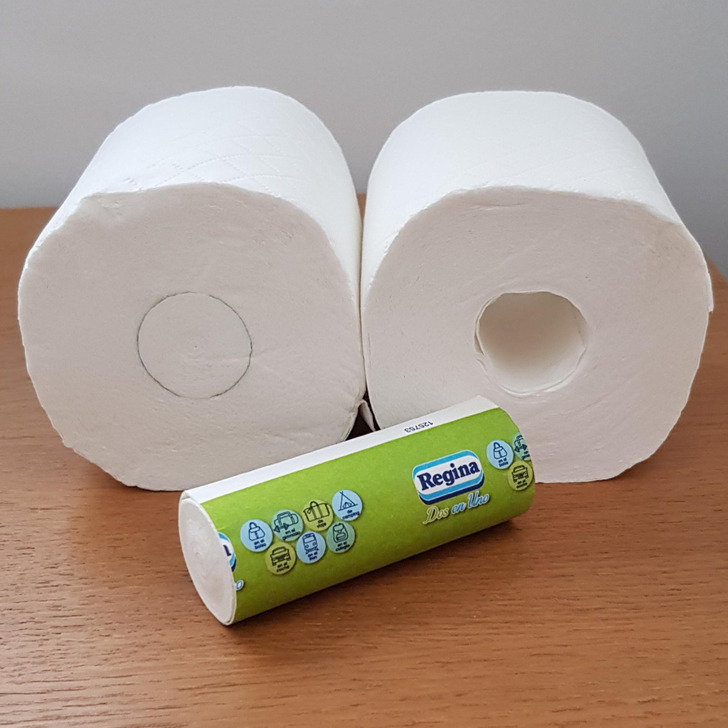 “This toilet paper roll contains a mini paper roll to carry with you, instead of an hollow cardbord roll!”