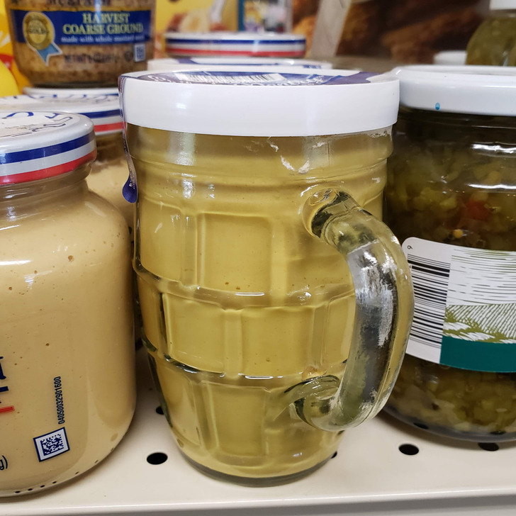 “This jar of mustard has a handle, so that after you finish the mustard, it becomes a glass mug with a handle.”