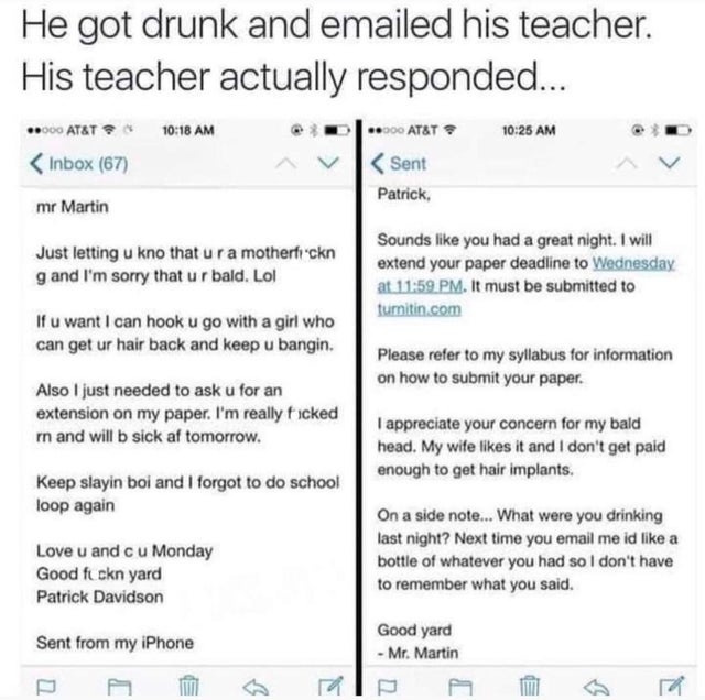 drunk email to professor - He got drunk and emailed his teacher. His teacher actually responded... ..000 At&T