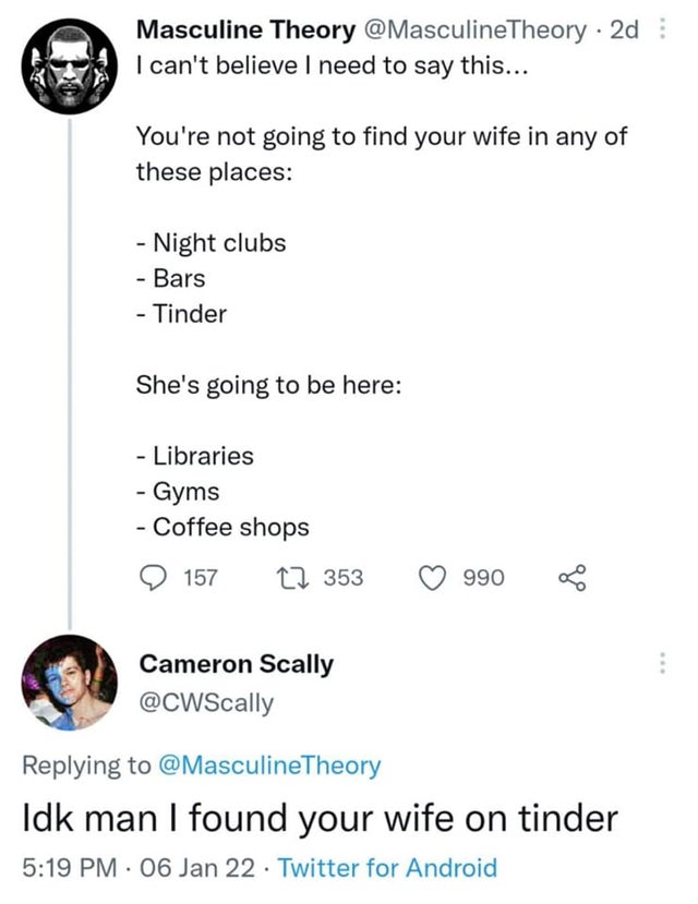 document - Masculine Theory 2d I can't believe I need to say this... You're not going to find your wife in any of these places Night clubs Bars Tinder She's going to be here Libraries Gyms Coffee shops 157 22 353 990 80 Cameron Scally Idk man I found your