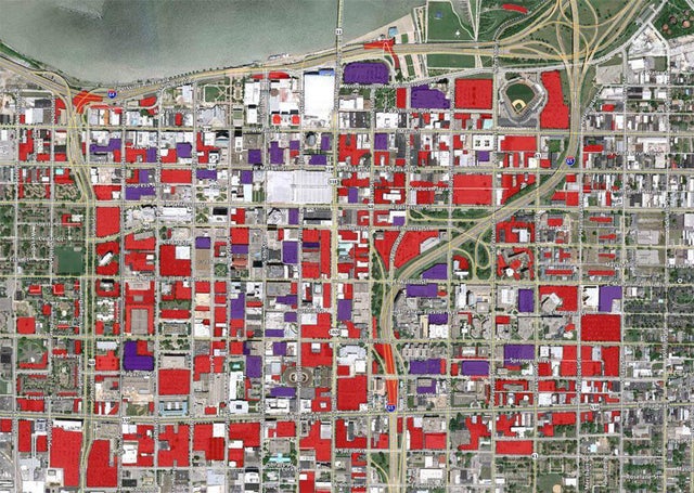 u/PigeonInAUFO: <br> Space used for parking in Louisville, KY - red; surface, purple; garages