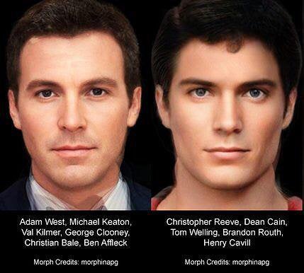 average faces - composite portraits - all batman actors combined - Adam West, Michael Keaton, Val Kilmer, George Clooney. Christian Bale, Ben Affleck Christopher Reeve, Dean Cain Tom Welling, Brandon Routh, Henry Cavill Morph Credits morphinapg Morph Cred