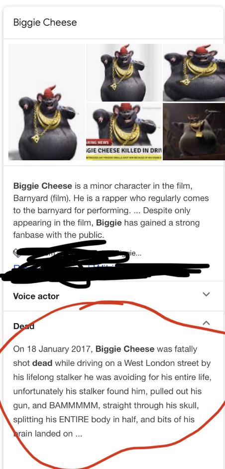 wikipedia vandalism - funny wikipedia edits - biggie cheese - Biggie Cheese King News Gie Cheese Killed In Drn Biggie Cheese is a minor character in the film, Barnyard film. He is a rapper who regularly comes to the barnyard for performing. ... Despite on