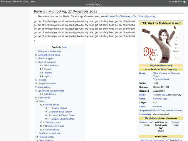 wikipedia vandalism - funny wikipedia edits - want for christmas is you - YouTube Mon 27 Dec @ 29% en.wikipedia.org Revision as of , This article is about the Mariah Carey song. For other uses, see All I Want for Christmas Is You disambiguation. get out o