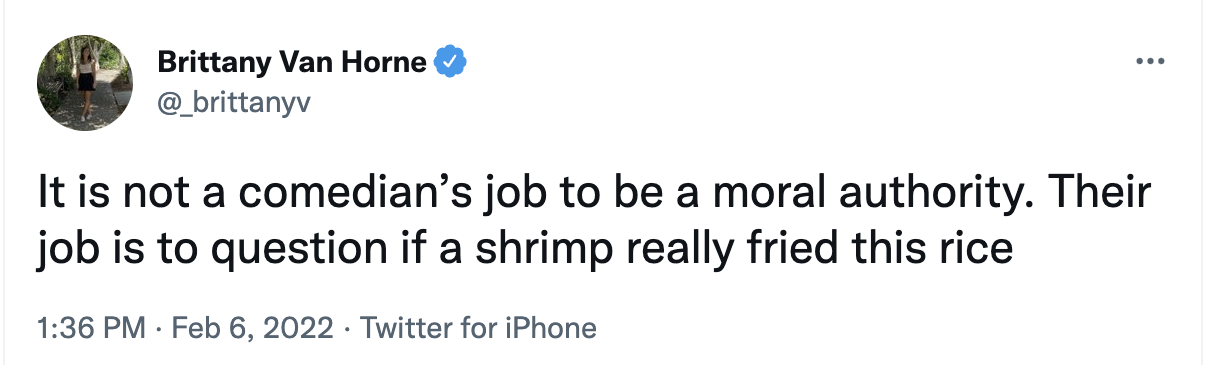 a comedian's job tweets - angle - ... Brittany Van Horne It is not a comedian's job to be a moral authority. Their a job is to question if a shrimp really fried this rice Twitter for iPhone .