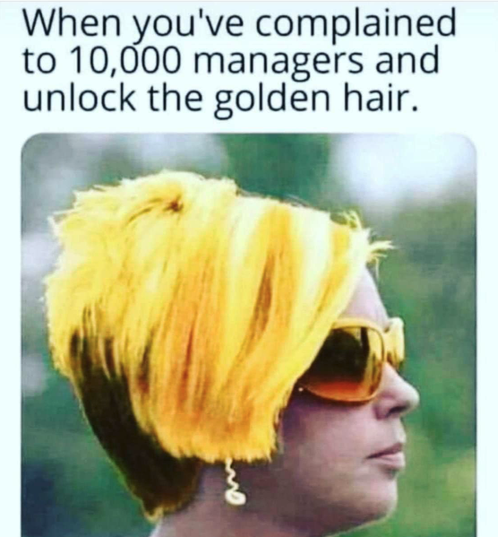 funny gaming memes - golden karen meme - When you've complained to 10,000 managers and unlock the golden hair.
