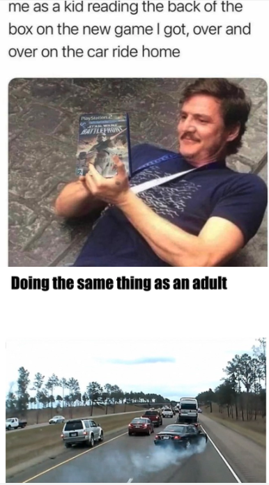 funny gaming memes - digibyte memes - me as a kid reading the back of the box on the new game I got, over and over on the car ride home Kattlefrus Doing the same thing as an adult