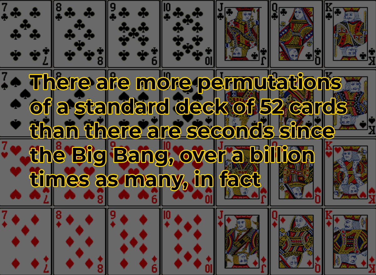 amazing facts - deck of cards print out - 10 && There are more permutations of a standard deck of 52 cards than there are seconds since the Big Bang, over a billion times as many, in fact 01 8 10 01