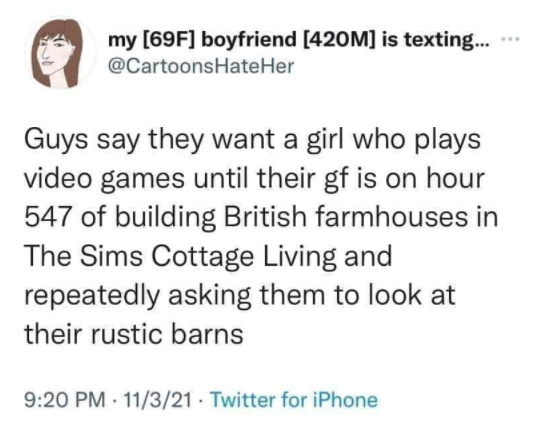 funny gaming memes - future kids bts - my 69F boyfriend 420M is texting... Hate Her Guys say they want a girl who plays video games until their gf is on hour 547 of building British farmhouses in The Sims Cottage Living and repeatedly asking them to look 
