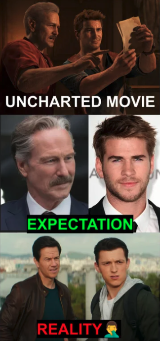 funny gaming memes - pumped up kicks cover - Uncharted Movie A Expectation Reality