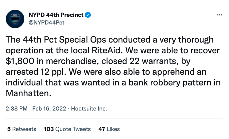 angle - Nypd 44th Precinct The 44th Pct Special Ops conducted a very thorough operation at the local Rite Aid. We were able to recover $1,800 in merchandise, closed 22 warrants, by arrested 12 ppl. We were also able to apprehend an individual that was wan