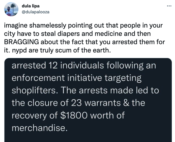 vacation message - dula lipa imagine shamelessly pointing out that people in your city have to steal diapers and medicine and then Bragging about the fact that you arrested them for it. nypd are truly scum of the earth. arrested 12 individuals ing an enfo