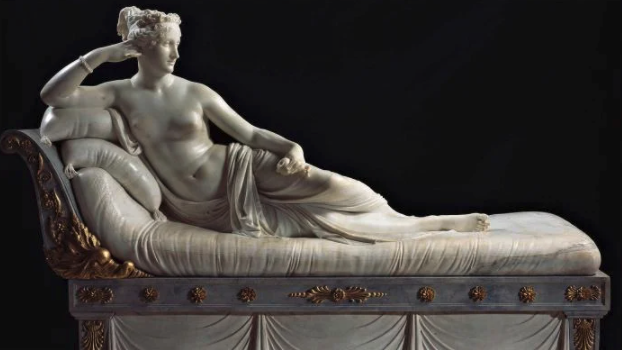 artifacts from history  --  "Venus Victrix" by Antonio Canova. The marble sculpture depicts Princess Pauline Borghese, the rather eccentric and scandalous younger sister of Napoleon Bonaparte, who allegedly posed in the nude, much to her brother's horror 