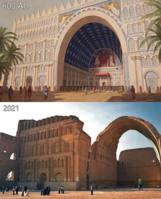artifacts from history  - A reconstruction of the Arch of Ctesiphon as it may have appeared in the 6th cent. compared to its remaining ruins today in Iraq. The arch, which was built either by Shapur I (242-272) or Kosrau I (531-579), is the largest single