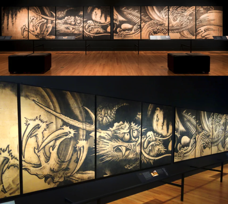 artifacts from history  - "Dragon and Clouds" made by Soga Shohaku in 1763, set of eight panels, ink on paper. From Japan, Edo period, now housed at the Museum of Fine Arts in Boston