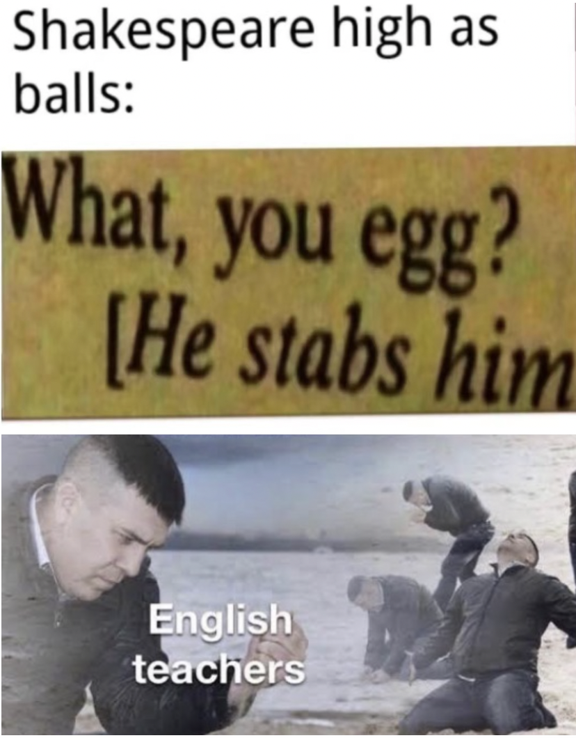 dank memes - friendship - Shakespeare high as balls What, you egg? He stabs him English teachers