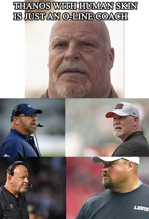 dank memes - photo caption - Thanos With Human Skin Is Just An OLine Coach Lions