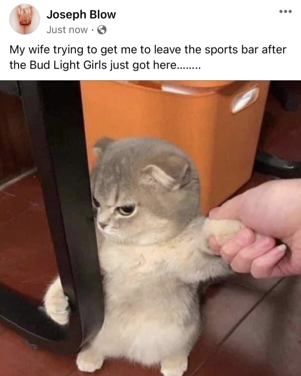 relatable memes - photo caption - Joseph Blow Just now My wife trying to get me to leave the sports bar after the Bud Light Girls just got here........